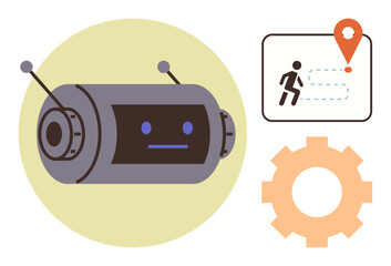 Robot with antennas, geolocation map showing path and marker, gear symbol. Ideal for technology, AI, robotics, navigation, innovation automation and futuristic themes. A simple flat metaphor