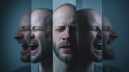 Fototapeta na wymiar Conceptual portrait of man with bipolar disorder expressing anger and despair in fragmented mirror reflections