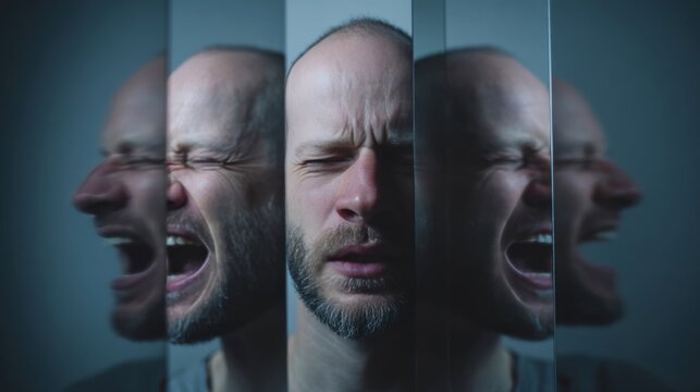Conceptual portrait of man with bipolar disorder expressing anger and despair in fragmented mirror reflections