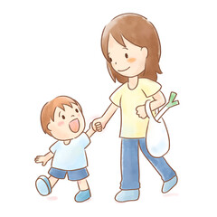 Watercolor illustration of a mother and child holding hands walking together, parent and child, transparent background, copy space