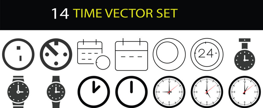 14 Essential Time Management Icons: Line Art Clock, Schedule, and Hourglass Vector Graphics