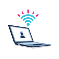 Laptop computer with a user profile icon on screen and a Wi-Fi signal icon indicating an internet connection.