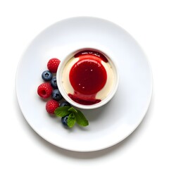 Creamy Panna Cotta with Berry Sauce and Fresh Mint on White Plate