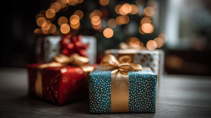Christmas tree with gift boxes in living room