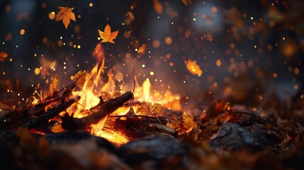 Autumn Bonfire with Falling Leaves and Glowing Embers, Enchanting Evening Ambiance