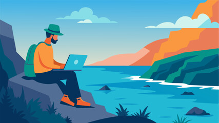 Fototapeta premium An adventurous hiker takes a break by setting up their laptop on a cliffside mesmerized by the endless ocean view stretched out before them.. Vector illustration