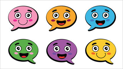 Six Colorful Cartoon Speech Bubbles with Happy Faces
