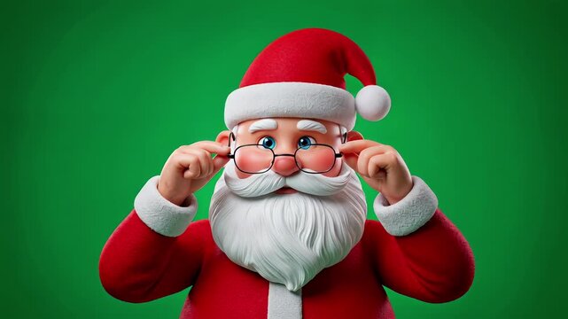 Animated Santa Claus adjusting his glasses with various facial expressions on green background