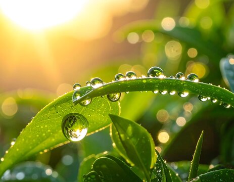 Close-up of dewdrops on lush green leaves at sunrise