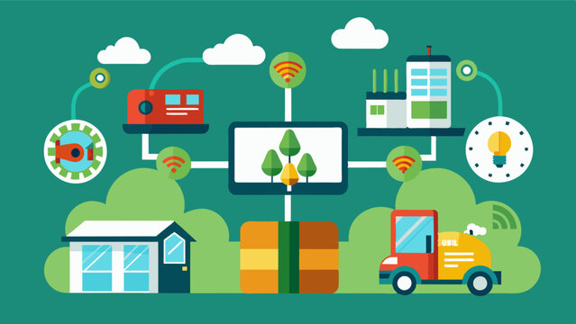 A centralized farm management system interconnected with different machinery and devices for streamlined operations.. Vector illustration