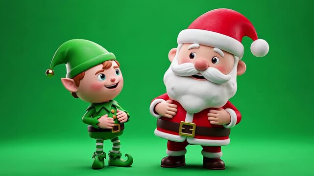 Animated santa claus and elf characters interacting joyfully with green background throughout the video