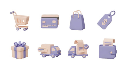 Set of ecommerce and shopping icons isolated on transparent background