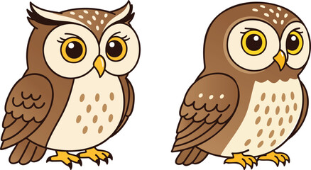 Pair of cute cartoon owls with big eyes, brown vector illustration
Kawaii owl characters, friendly brown birds isolated on white
Adorable owl mascot set, woodland bird illustration for kids
