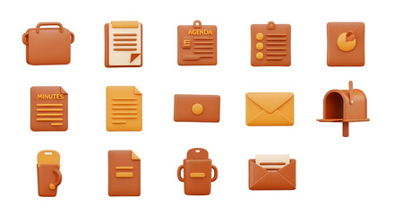 Collection of office and document icons isolated on transparent background