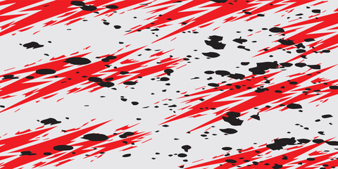 Abstract Red Lightning Bolts and Black Spots Pattern on Light Gray Background.