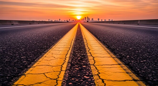 Horizonte panor&aacute;mico de la ciudad y edificios con carretera asfaltada vac&iacute;a al atardecer