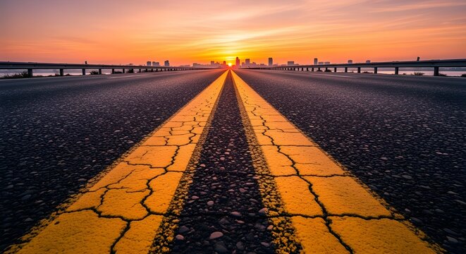 Horizonte panor&aacute;mico de la ciudad y edificios con carretera asfaltada vac&iacute;a al atardecer