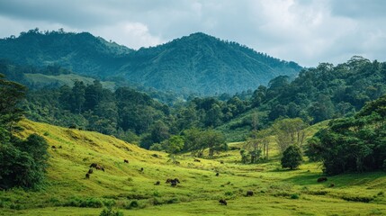 Fototapeta premium Lush Green Valley with Grazing Cattle and Misty Mountain Backdrop