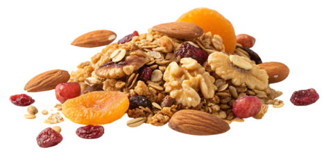 Granola Mix with Almonds Dried Apricots and Raspberries Scattered on White Background Keywords: granola, muesli, cereal, oats, nuts, almonds, dried isolated on a transparent background