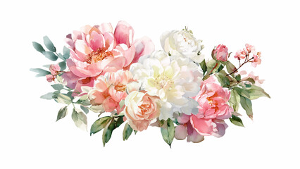 Watercolor floral arrangement with pink, white, and peach peonies and greenery