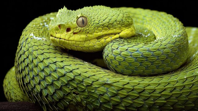 Vivid Green Rough-Scaled Bush Viper Coiled, Unique Keeled Scales & Golden Eye Staring Intently on Black