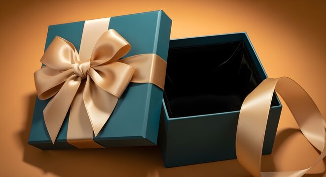 Caja de regalo blanca en blanco abierta o vista superior de la caja de regalo blanca atada con un lazo de cinta roja aislado sobre fondo rojo oscuro con una representaci&oacute;n 3D conceptual m&iacute;nima de somb