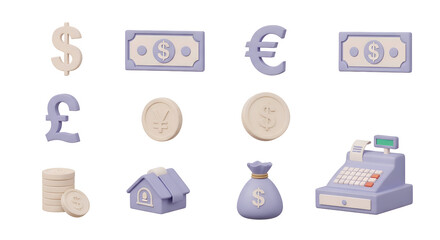 Financial and currency symbols and icons isolated on transparent background