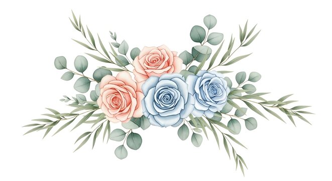 Ramo floral color azul marino y beige polvoriento color agua, clip art suave de flores de invierno, perfecto para invitación de boda, baby shower, guardar la fecha, celebración de fiesta de despedida 