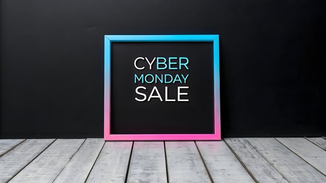 Thin Neon Pink-Blue Gradient Frame with Cyber Monday Sale Text on Black Background