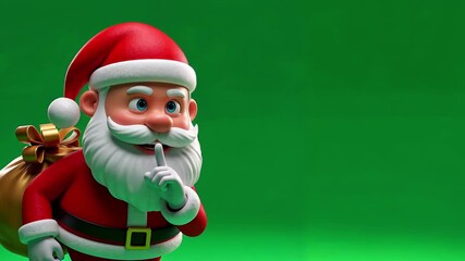 Animated Santa Claus Character Making a Shushing Gesture with Gift Sack on Green Background - Powered by Adobe