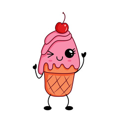 Cute pink ice cream with cherry on top and winking face in kawaii cartoon style. Perfect for dessert, summer, and children s design projects.