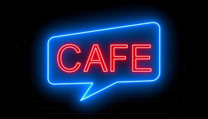 Neon Cafe Sign in Speech Bubble on Black Brick Wall Background　黒レンガ壁の上の、吹き出し型ネオンのカフェサイン　デジタルイラスト