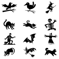 A vector illustration set of black animal silhouettes like a cat, dog, and bird, perfect for icons or a tattoo design collection.