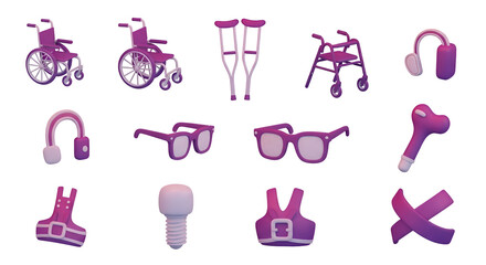 Assortment of medical and accessibility aids isolated on transparent background