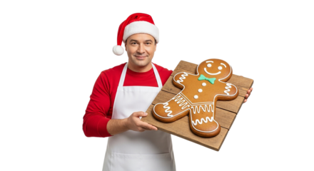 A child smiles with surprise while holding a gingerbread man near a Christmas tree and other holiday cookies