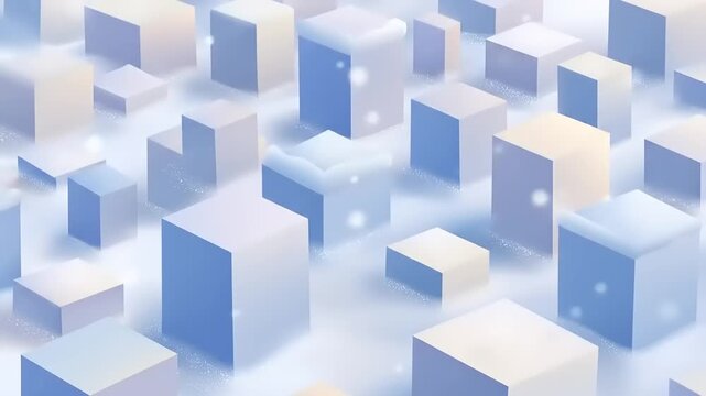 Abstract digital art shows 3D cube blocks in a misty environment, with soft color gradients