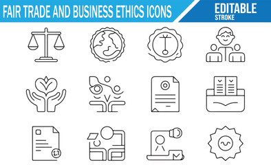 Editable stroke icons representing ethical values, justice, and sustainability concepts