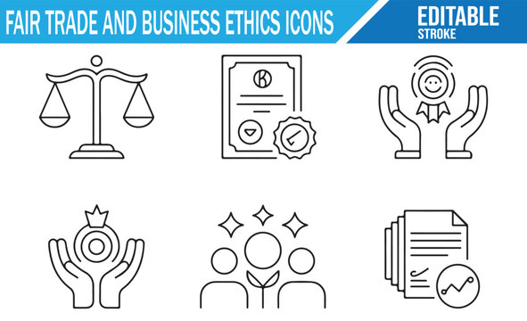 Fair trade principles and eco-friendly business practices vector icon set