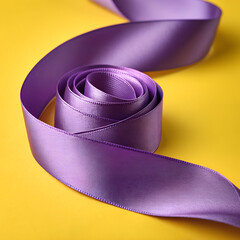 Beautiful purple ribbon on yellow background 
