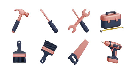 Set of various hand tools isolated on transparent background