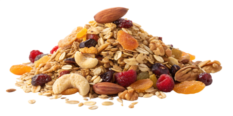 Pile of Granola with Nuts Dried Fruits and Berries on White Background Keywords: granola, muesli, cereal, oats, nuts, almonds, cashews, walnuts, dried isolated on a transparent background
