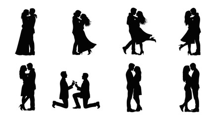 Diverse couple silhouettes capture romantic moments, proposals, and embraces.