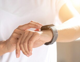 Woman in White T-shirt Tracks Menstrual Cycle on Smartwatch with Soft Lighting in Bright Indoor Setting