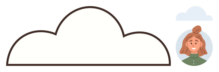 Large cloud outline with a circular portrait of a smiling woman and a smaller cloud. Ideal for technology, communication, networking, creativity, connection, personalization, and minimalism as simple