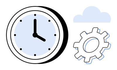 Analog clock face, cloud, and cogwheel highlight themes of productivity, workflow optimization, and digital integration. Ideal for efficiency, planning, technology, innovation teamwork