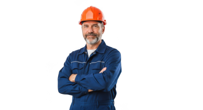 Mature bearded construction worker wearing blue overalls and orange hard hat standing confidently with arms crossed isolated on transparent background