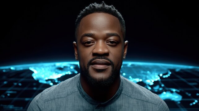 Man in front of Earth map