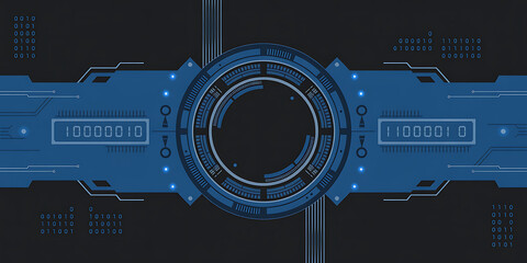 Futuristic Digital Interface with Binary Code and Circular HUD Elements technology.Modern Abstract Neon Digital Tech Background