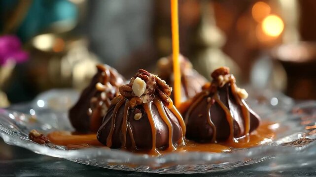 A luxurious chocolate modak dessert for Ganesh Chaturthi drizzled with caramel and topped with nuts served on a crystal plate with a Ganesha backdrop chocolate modaks caramel