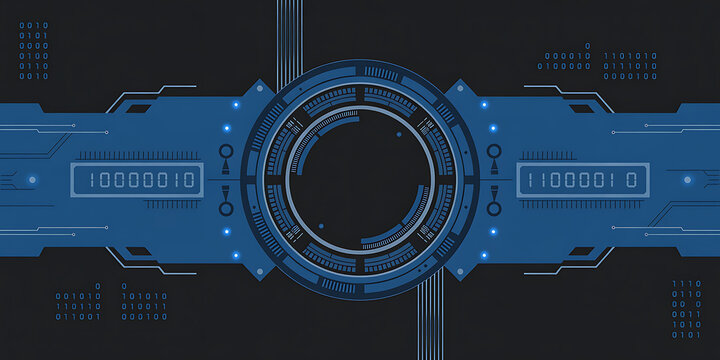 Futuristic Digital Interface with Binary Code and Circular HUD Elements technology.Modern Abstract Neon Digital Tech Background